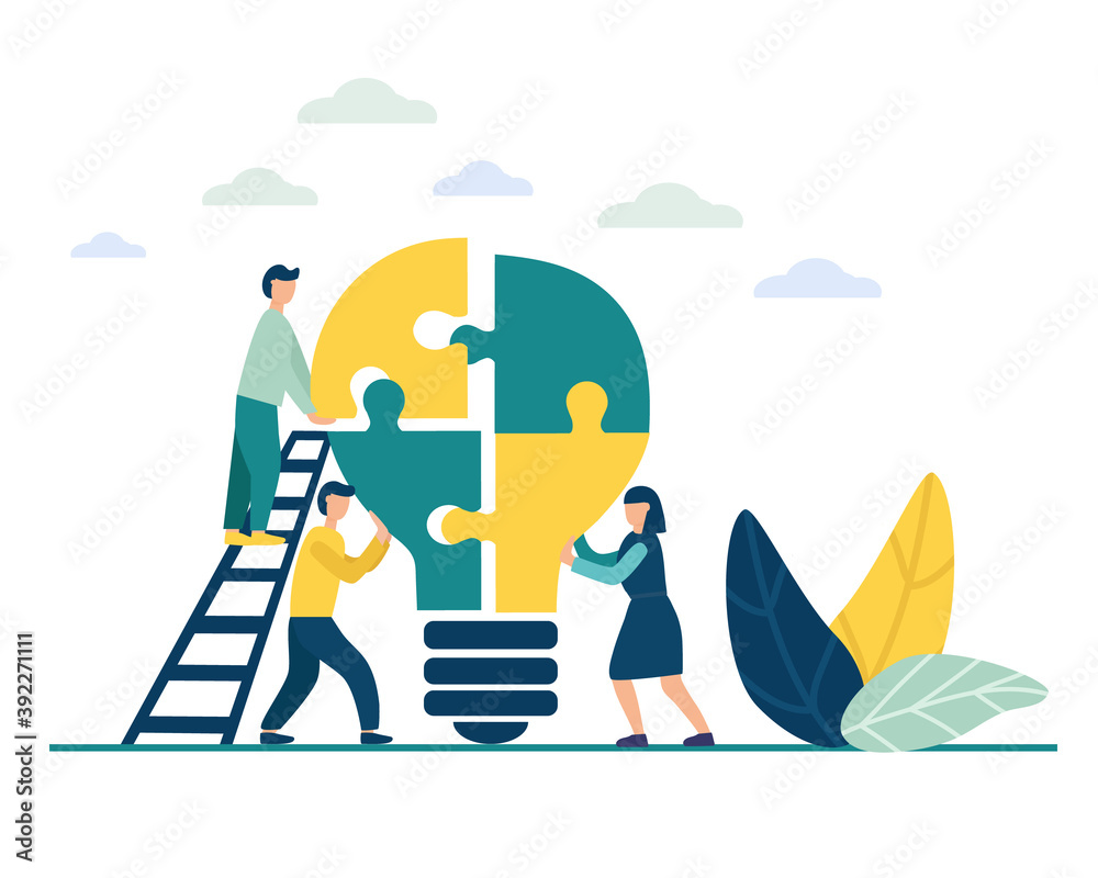 People connect the parts of the puzzle. Business concept of teamwork. Successful cooperation and partnership. Team building, increasing the efficiency of employees. vector flat illustration People connect the parts of the puzzle. Business concept of teamwork. Successful cooperation and partnership. Team building, increasing the efficiency of employees. vector flat illustration