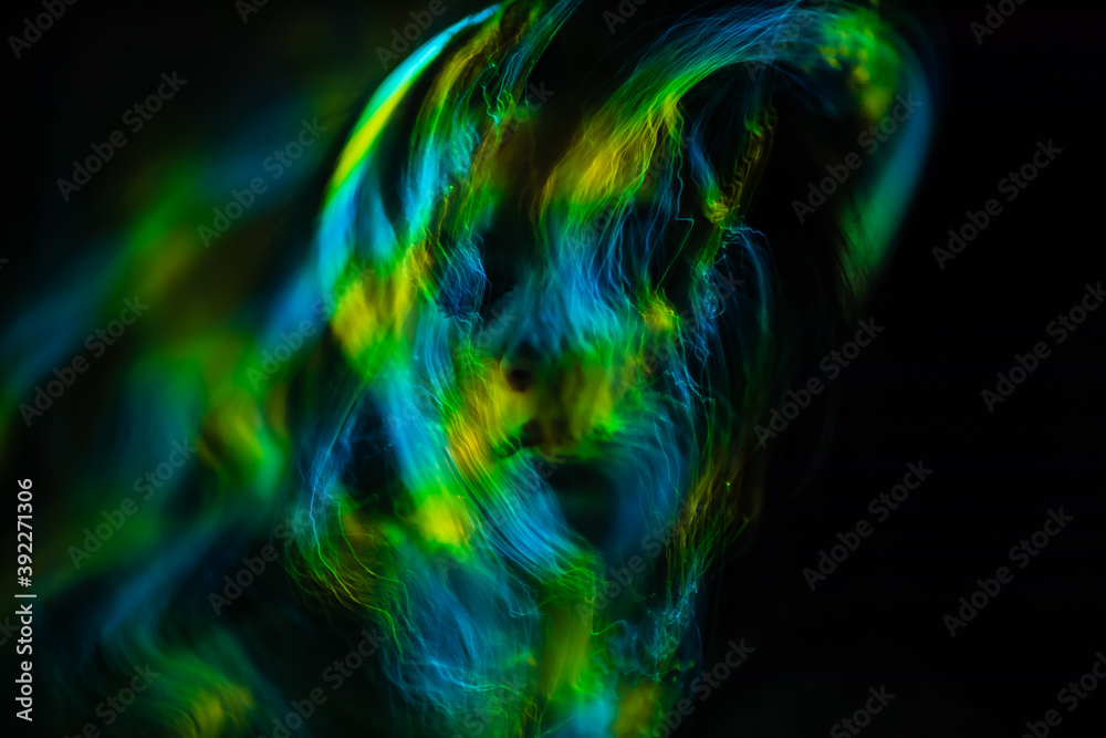 light painting portrait, new art direction, long exposure , light drawing at long exposure