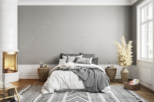 White gray bedroom interior with fireplace carpet, dry plants and decor. 3d render illustration mock up.