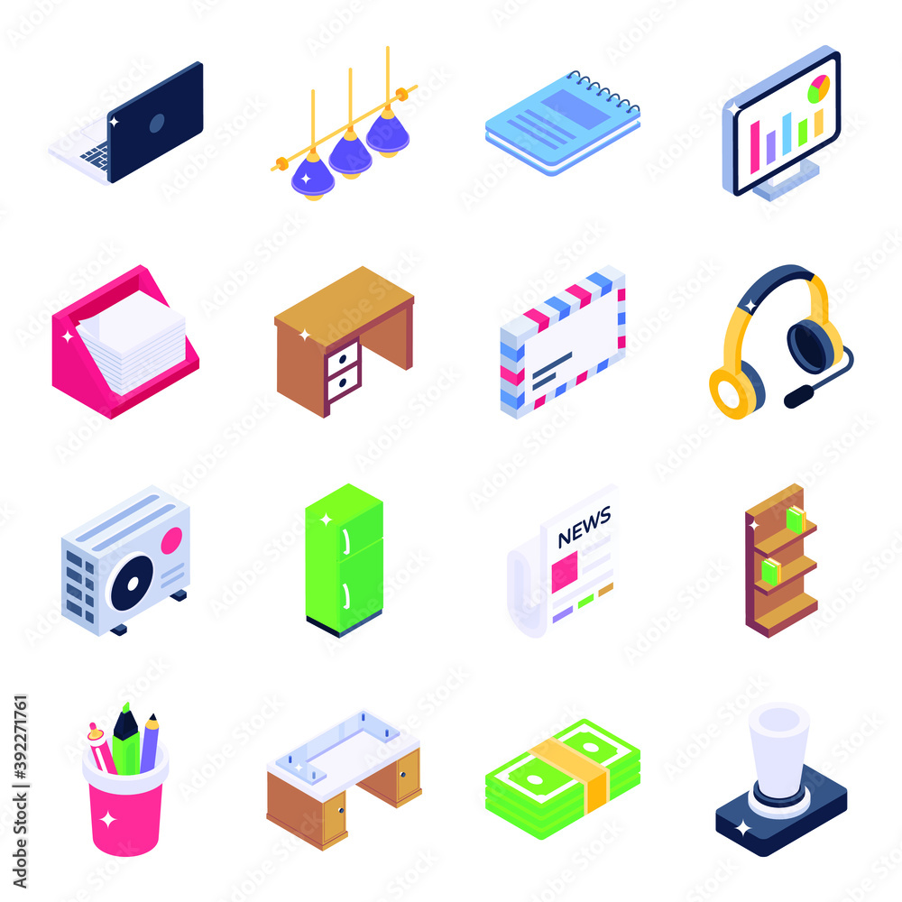 Office Equipment Isometric Icons Pack 