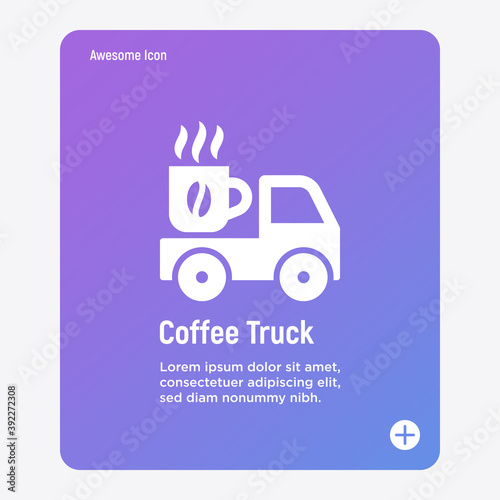 Four logos for street cafe contains coffee truck with thin line icons of coffee machine, coffee maker, bag and beans. Vector illustration.