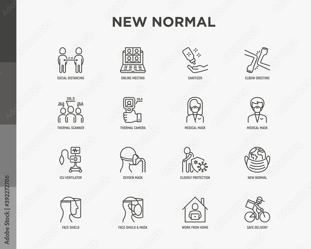 New normal thin line icons set: thermal camera, surgical mask, social distancing, online meeting, elbow greeting, ICU ventilator, oxygen mask, protection of elderly. Coronavirus. Vector illustration. New normal thin line icons set: thermal camera, surgical mask, social distancing, online meeting, elbow greeting, ICU ventilator, oxygen mask, protection of elderly. Coronavirus. Vector illustration.