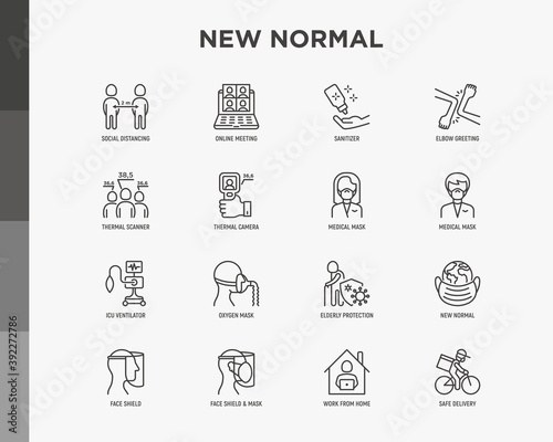 New normal thin line icons set: thermal camera, surgical mask, social distancing, online meeting, elbow greeting, ICU ventilator, oxygen mask, protection of elderly. Coronavirus. Vector illustration.