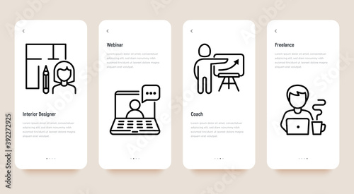 Work from home mobile user interface with thin line icons: interior designer, coach, webinar, freelancer. Vector illustration, template with copy space.
