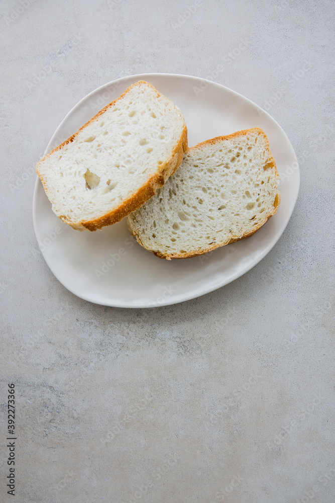 Two Slice Bread on Plate Top View Flat Lay Copy Space Monochrome Design