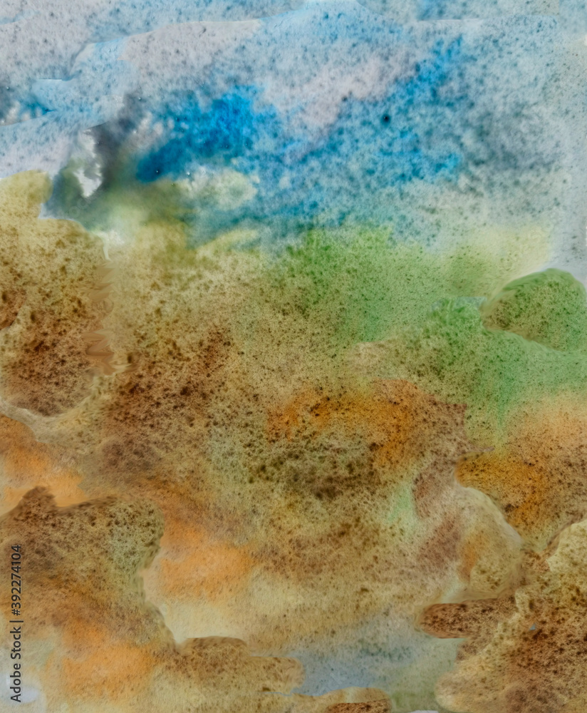 Watercolor illustration. Abstract background in brown, green and blue colors. Field.