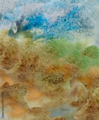 Watercolor illustration. Abstract background in brown, green and blue colors. Field.