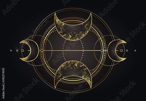 Moon magic. Triple moon pagan Wicca moon goddess symbol. Three-faced Goddess. Maiden, Mother, Crone vector illustration. Tattoo, astrology, alchemy, boho and magic symbol golden over black.