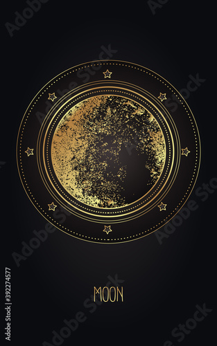 Moon magic. Triple moon pagan Wicca moon goddess symbol. Three-faced Goddess. Maiden, Mother, Crone vector illustration. Tattoo, astrology, alchemy, boho and magic symbol golden over black.