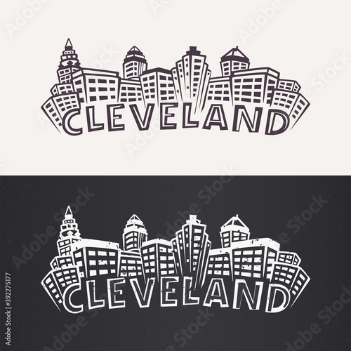 Cleveland Skyline silhouette. Day and night versions in black and white 