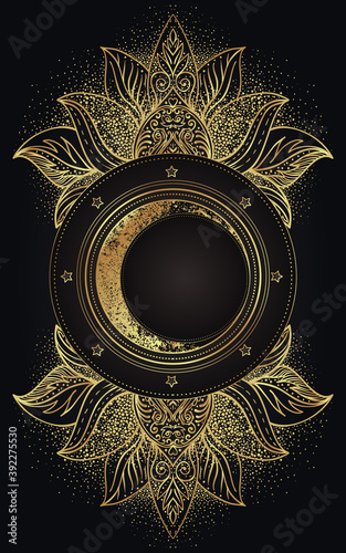 Moon magic. Triple moon pagan Wicca moon goddess symbol. Three-faced Goddess. Maiden, Mother, Crone vector illustration. Tattoo, astrology, alchemy, boho and magic symbol golden over black.