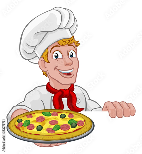 A chef holding a plate of pizza peeking over a sign cartoon