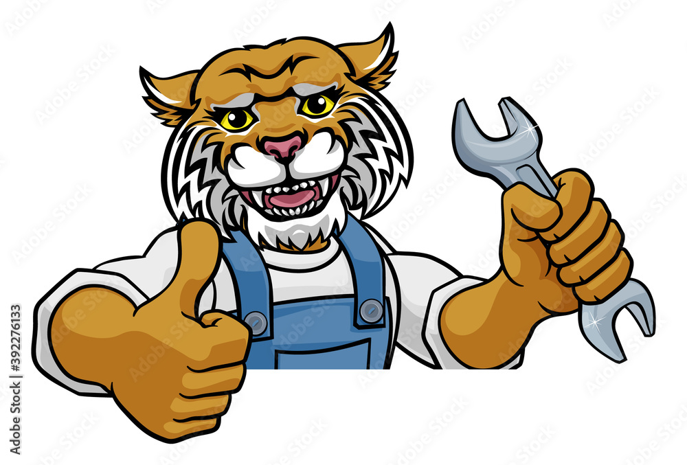 A wildcat cartoon animal mascot plumber, mechanic or handyman builder construction maintenance contractor peeking around a sign holding a spanner or wrench - obrazy, fototapety, plakaty 