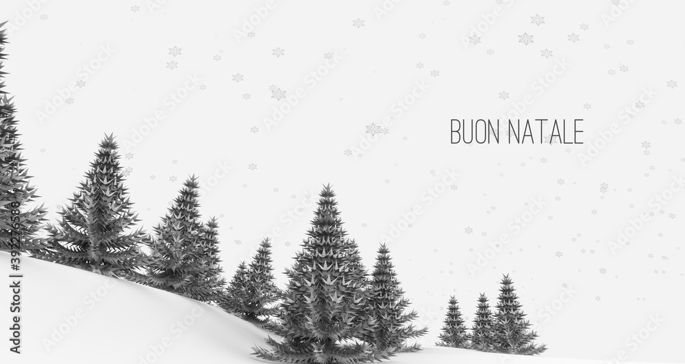 Ilustración de un paisaje de árboles estilo abeto en blanco y negro, con nieve y nevando. Mensaje italiano: buon natale