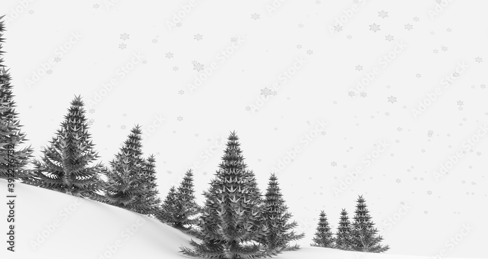 Fototapeta premium Ilustración de un paisaje de árboles estilo abeto en blanco y negro, con nieve y nevando. Fondo textura