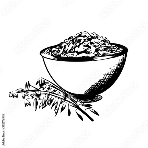 Oats bowl sketch. Oatmeal porridge bowl with grain