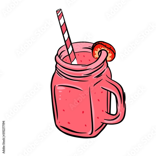 Strawberry smoothie in mason jar colorful illustration in vector. Milkshake with berry isolated on white background.