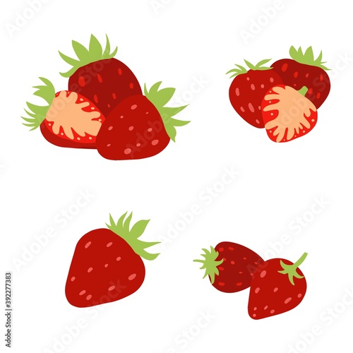 Fototapeta Naklejka Na Ścianę i Meble -  Illustration set of strawberry isolated on white background. Vector hand drawn simple collection. Sweet colored berries.