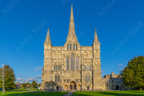 View of Salisbury Cathedral against clear blue sky, Salisbury, Wiltshire