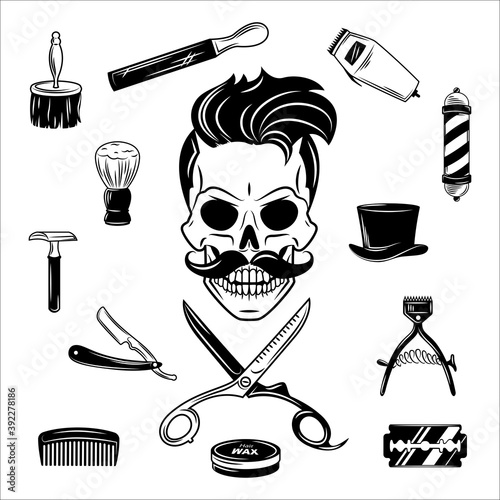 Collection of items and equipment for barbershops. Cut out icon for plotter or laser cutting. Barbershop cut-out vector illustration.