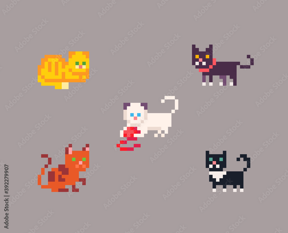 Pixel art set of cats in different poses. Pixel art set of cats in different poses.