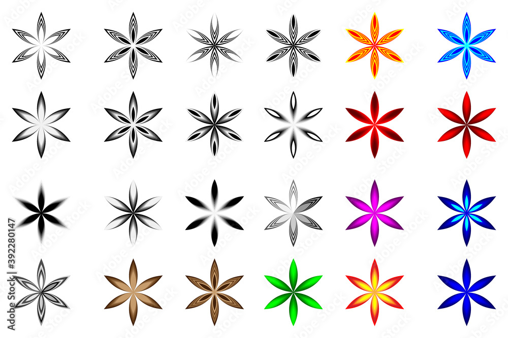 Flower - black and white vector icon, Star vector pattern, set,