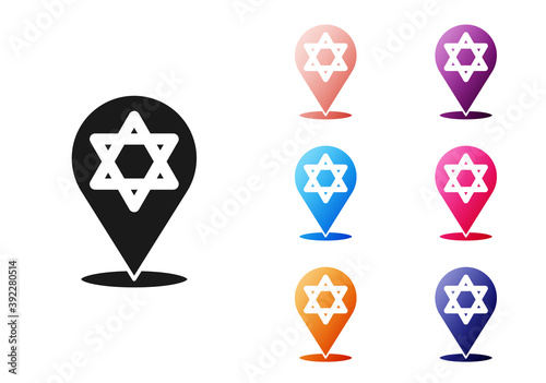 Black Star of David icon isolated on white background. Jewish religion symbol. Symbol of Israel. Set icons colorful. Vector.