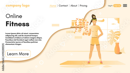 Sport Landing Page Layout. Online Personal Trainer and Fitness Coach. Black Woman doing Gymnastics. Fitness Website Homepage. Design for banner, flyer or brochure. Cartoon Flat Vector Illustration.
