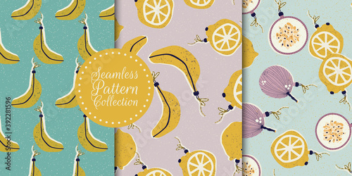 Christmas and New Year seamless pattern collection with Christmas tree toys in the form of fruits in vector.