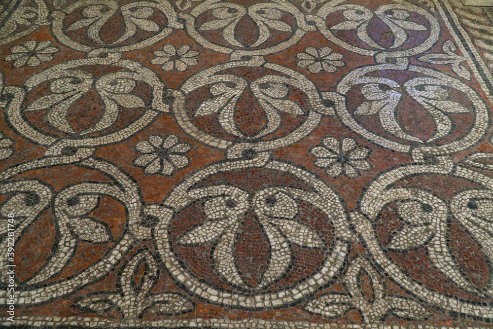 Mosaic on the floor in the abbey of Ganagobie, Provence, France