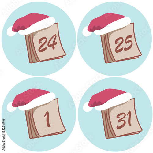 Vector of some calendars with the key days of Christmas. Good night, Christmas, New Years Eve and New Years. With a cap of Santa Claus.