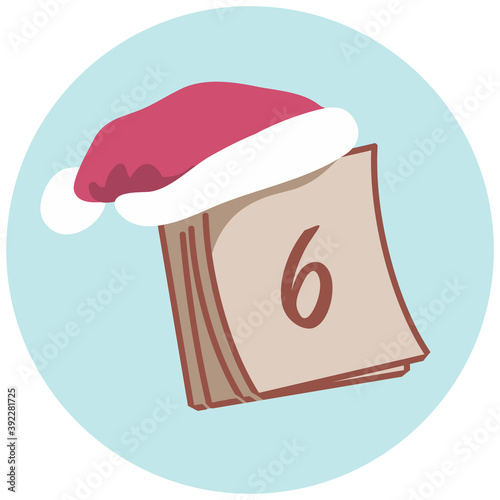Christmas calendar with the 6th and a Santa Claus hat. Cute Doodle.