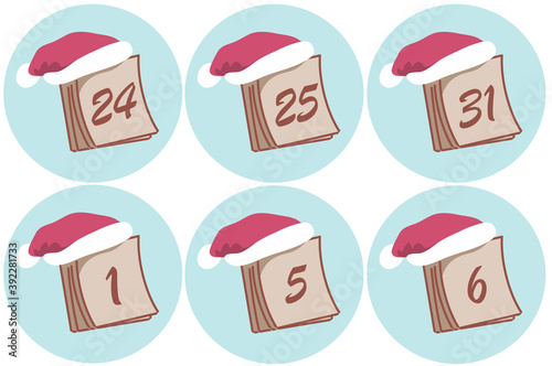 Vector of some calendars with the key days of Christmas. Good night, Christmas, New Years Eve, New Year and the Three Kings. With a cap of Santa Claus.