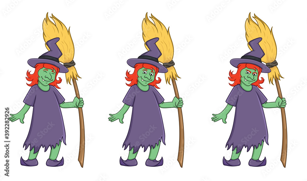 set cartoon witches with broom.isolated on white background. vector illustration