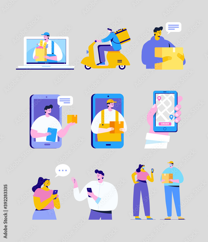 Online shopping and order delivery vector set. Man receiving parcel from delivery service courier through smart phone screen. Internet Delivery concept. Flat vector characters set Online shopping and order delivery vector set. Man receiving parcel from delivery service courier through smart phone screen. Internet Delivery concept. Flat vector characters set