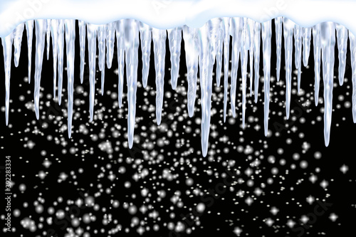 Set of snowy icicles and caps on winter background. Winter seasonal decorations. Falling white fluffy snow.Vector template in realistic style.
