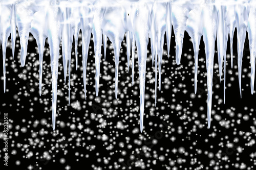 Set of snowy icicles and caps on winter background. Winter seasonal decorations. Falling white fluffy snow.Vector template in realistic style.
