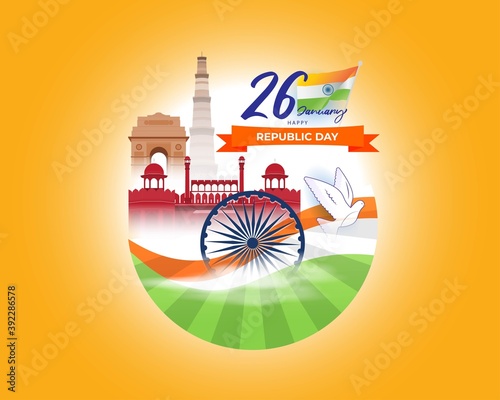 Vector banner of Happy Republic day, 26 january, national holiday of India, Indian flag, ashoka chakra, monuments, pigeon, template for website. photo