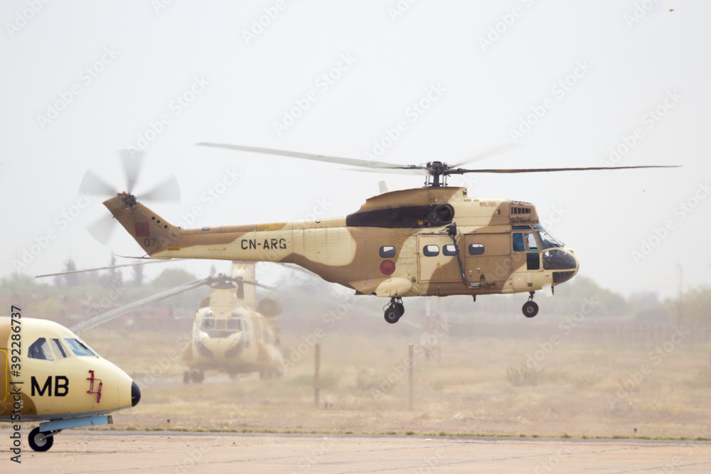 Royal Morocco Air Force SA330 Puma helicopter at the Marrakech Air Show.  Stock Photo | Adobe Stock