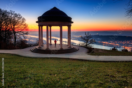 Niederwald monument in Hessen Germany. Sunrise with temples and great orange colors. Great atmosphere with a view of the rhine photo