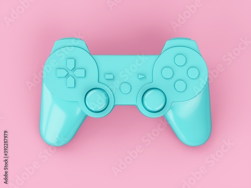 3d rendering blue video game controller on pink background
