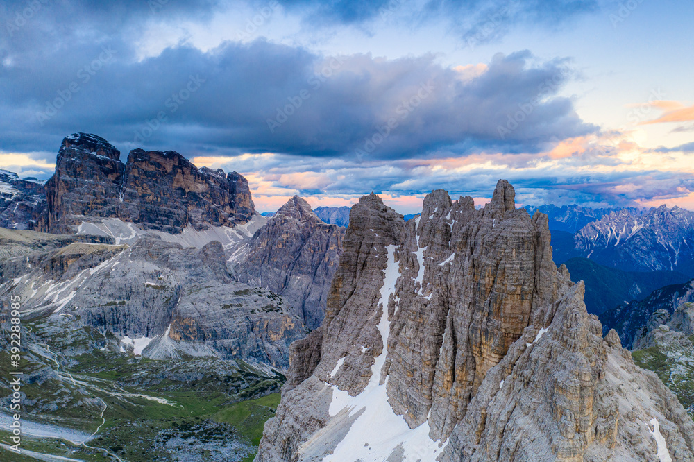 Sunset over Croda dei Toni, Cima dell'Agnello and Campanili del Marden, aerial view, Dolomites, South Tyrol/Veneto, Italy Sunset over Croda dei Toni, Cima dell'Agnello and Campanili del Marden, aerial view, Dolomites, South Tyrol/Veneto, Italy