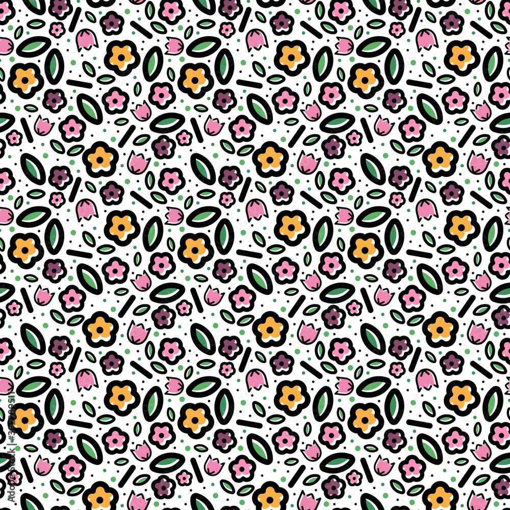 Vector pattern of flowers, seamless pattern. Elements for greeting cards, invitations, packaging, textiles. Vector model. Naive illustrations. Field flowers. Flower and garden icons.