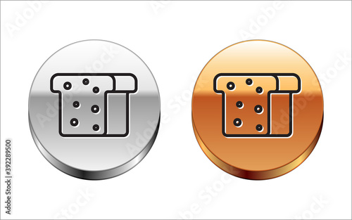 Black line Bread toast for sandwich piece of roasted crouton icon isolated on white background. Lunch, dinner, breakfast snack. Silver-gold circle button. Vector.