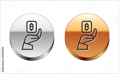 Black line Hand holding Bitcoin icon isolated on white background. Blockchain technology, digital money market, cryptocoin wallet. Silver-gold circle button. Vector.