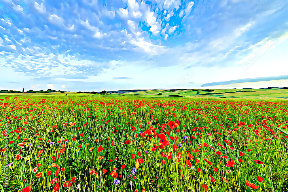 Beautiful summer day over poppy field - digital art Beautiful summer day over poppy field - digital art