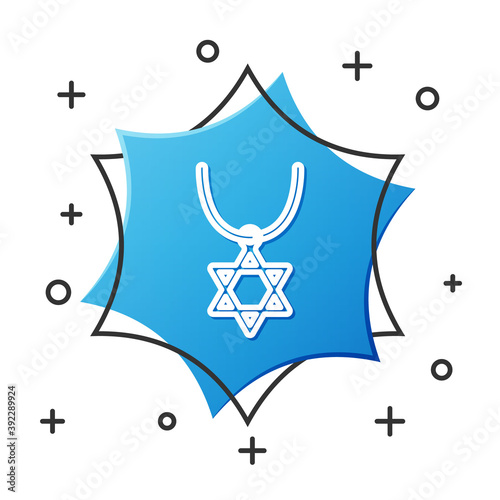 White line Star of David necklace on chain icon isolated on white background. Jewish religion symbol. Symbol of Israel. Jewellery and accessory. Blue hexagon button. Vector.