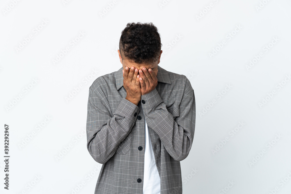 Young brazilian man isolated on white background with tired and sick expression Young brazilian man isolated on white background with tired and sick expression