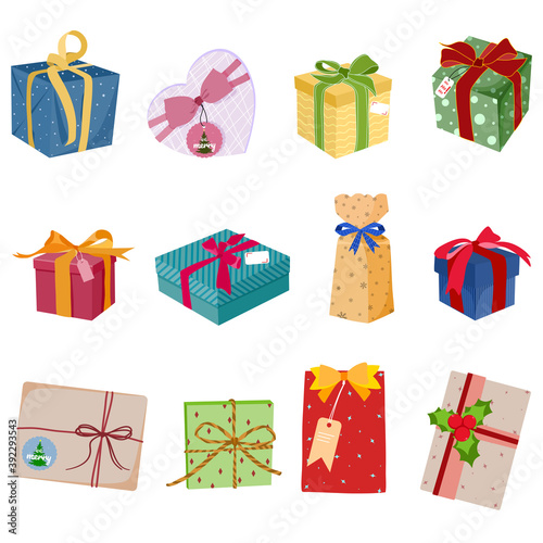 Set of Christmas gifts, New year presents. Gift boxes vector illustration flat design.