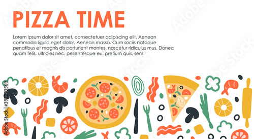 Vector illustration with pizza hand drown frame. Cute artwork in doodle style. Pizza pepperoni with ingredients around. For menu, pizzeria, banner, label and blog. Italian traditional food